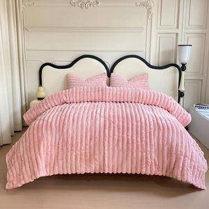 Pink Soft Faux Fur Bedding Set Striped Comforter Pillow Shams King Size Bed New